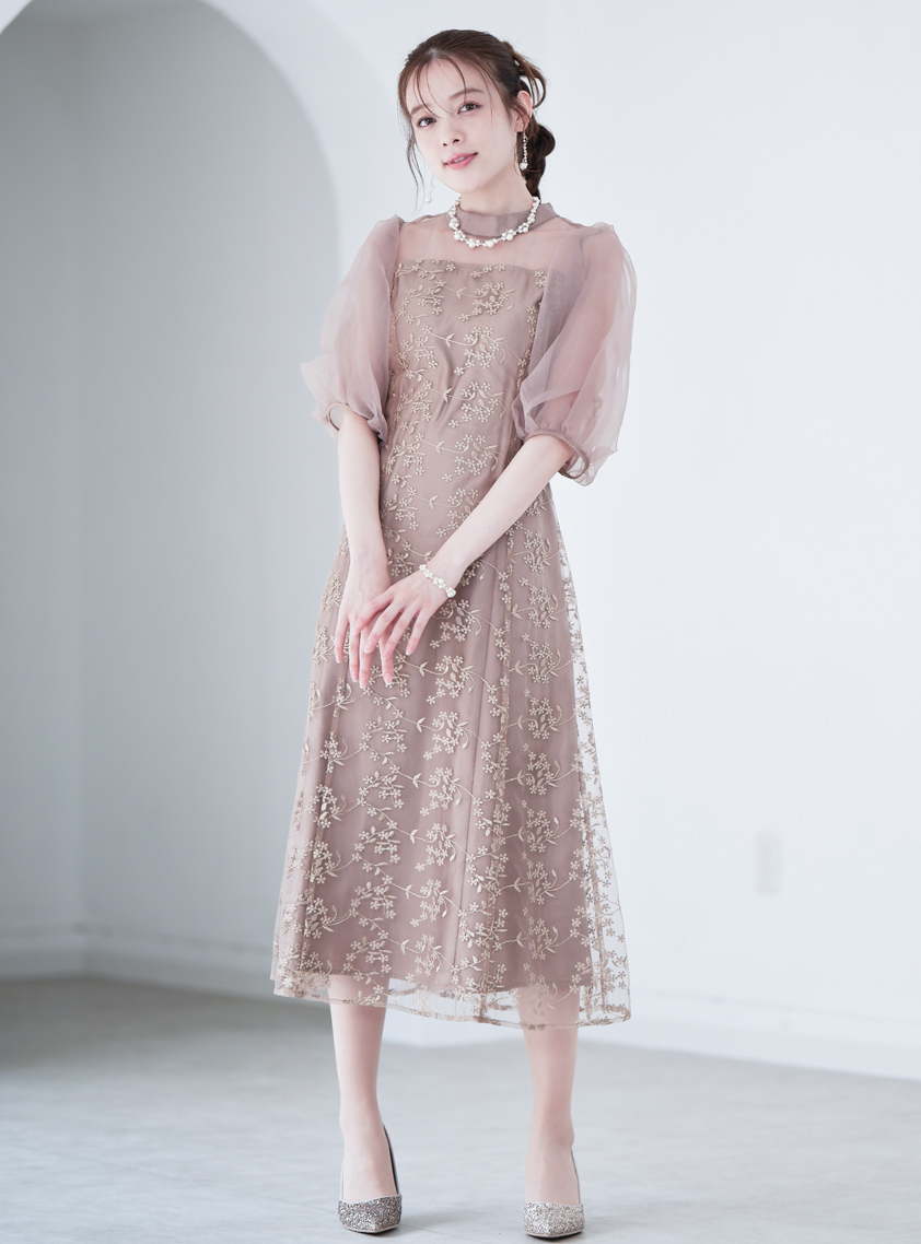 ボリュームシアー袖小花柄刺繍ワンピース｜結婚式パーティの