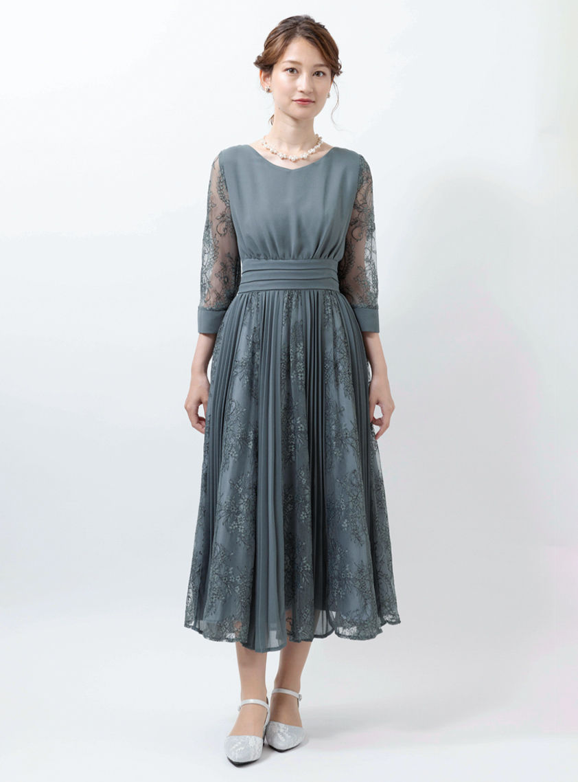 お呼ばれドレス　プリーツ×レース 7分袖結婚式ワンピースドレス niana ドレス プリーツ×レース 7分袖結婚式ワンピースドレス