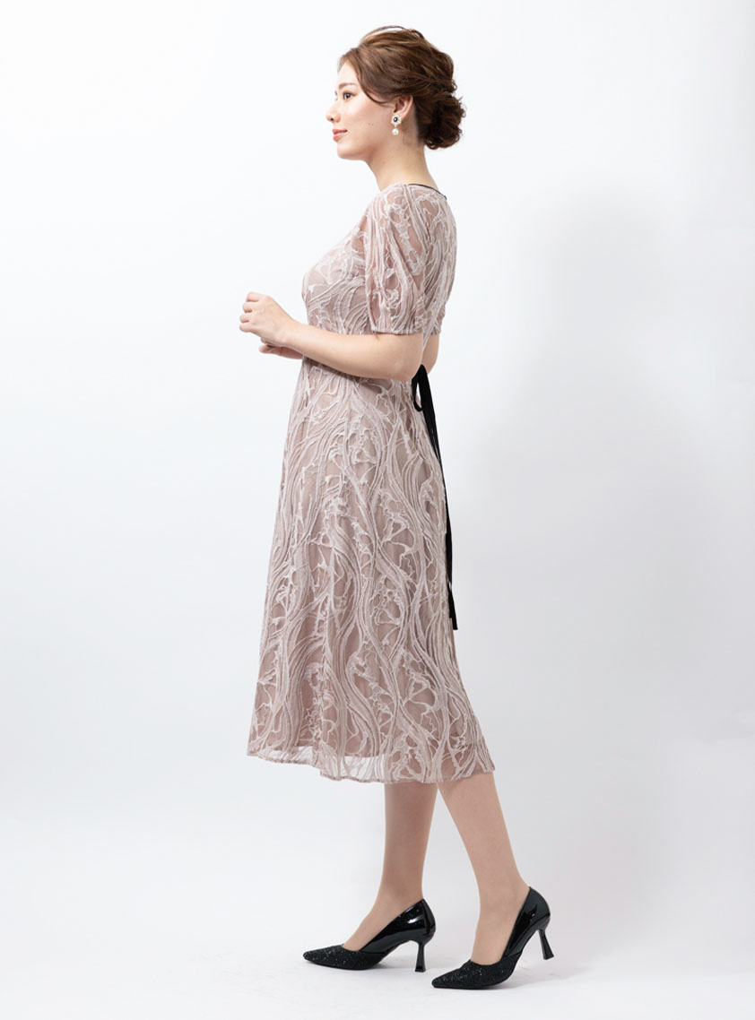 後ろリボン付き総レースワンピース｜結婚式パーティのレンタルドレス