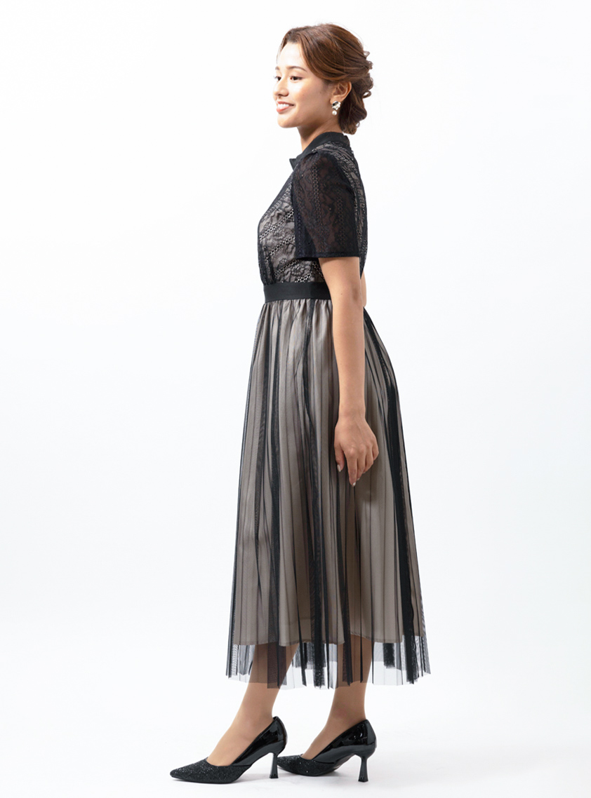 バイアス切り替えレースチュールワンピース｜結婚式パーティの