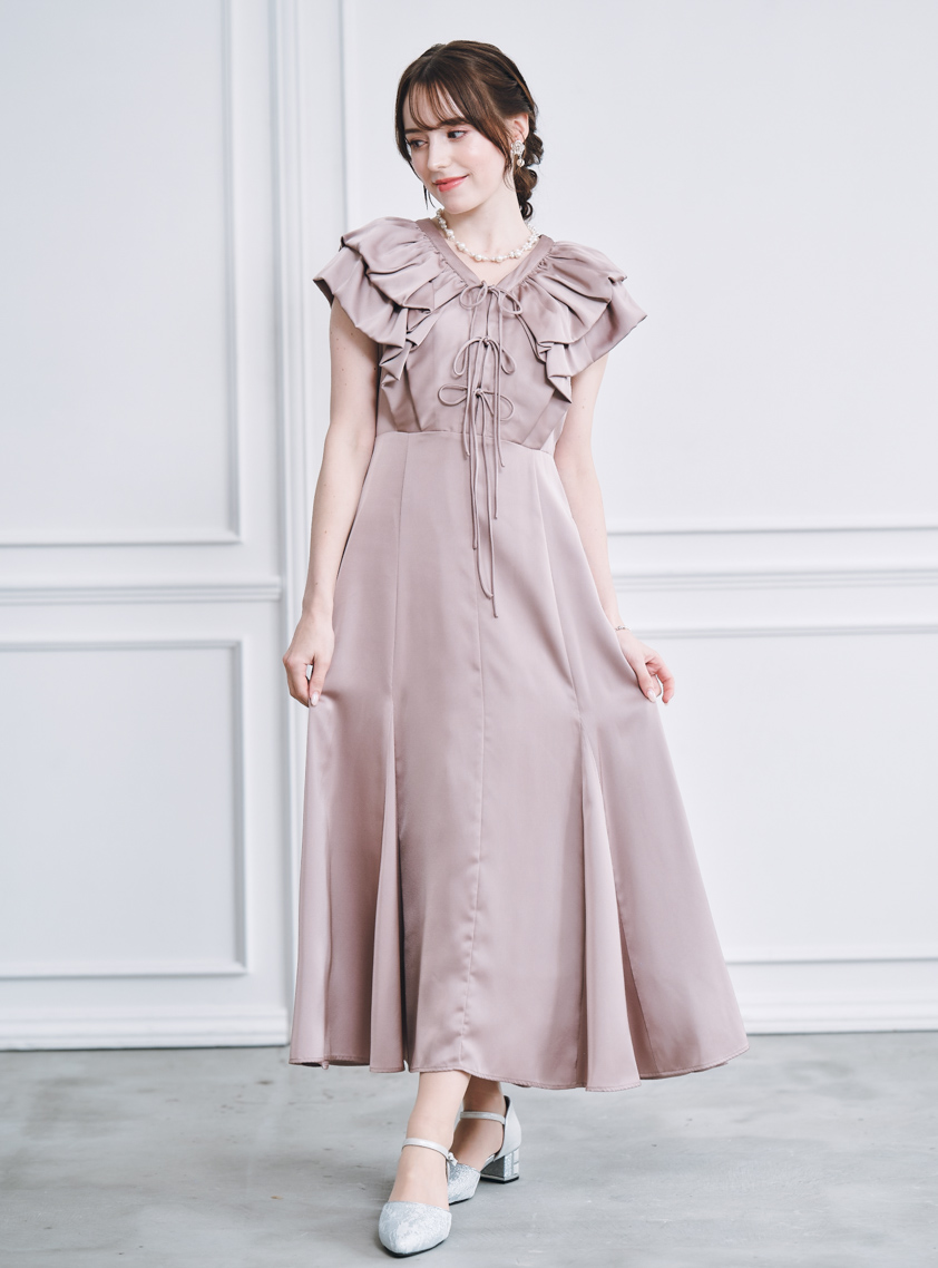 フロントフリルリボンサテンワンピース｜結婚式パーティのレンタル