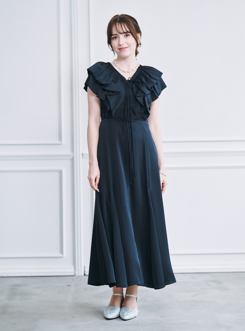 フロントフリルリボンサテンワンピース｜結婚式パーティのレンタル