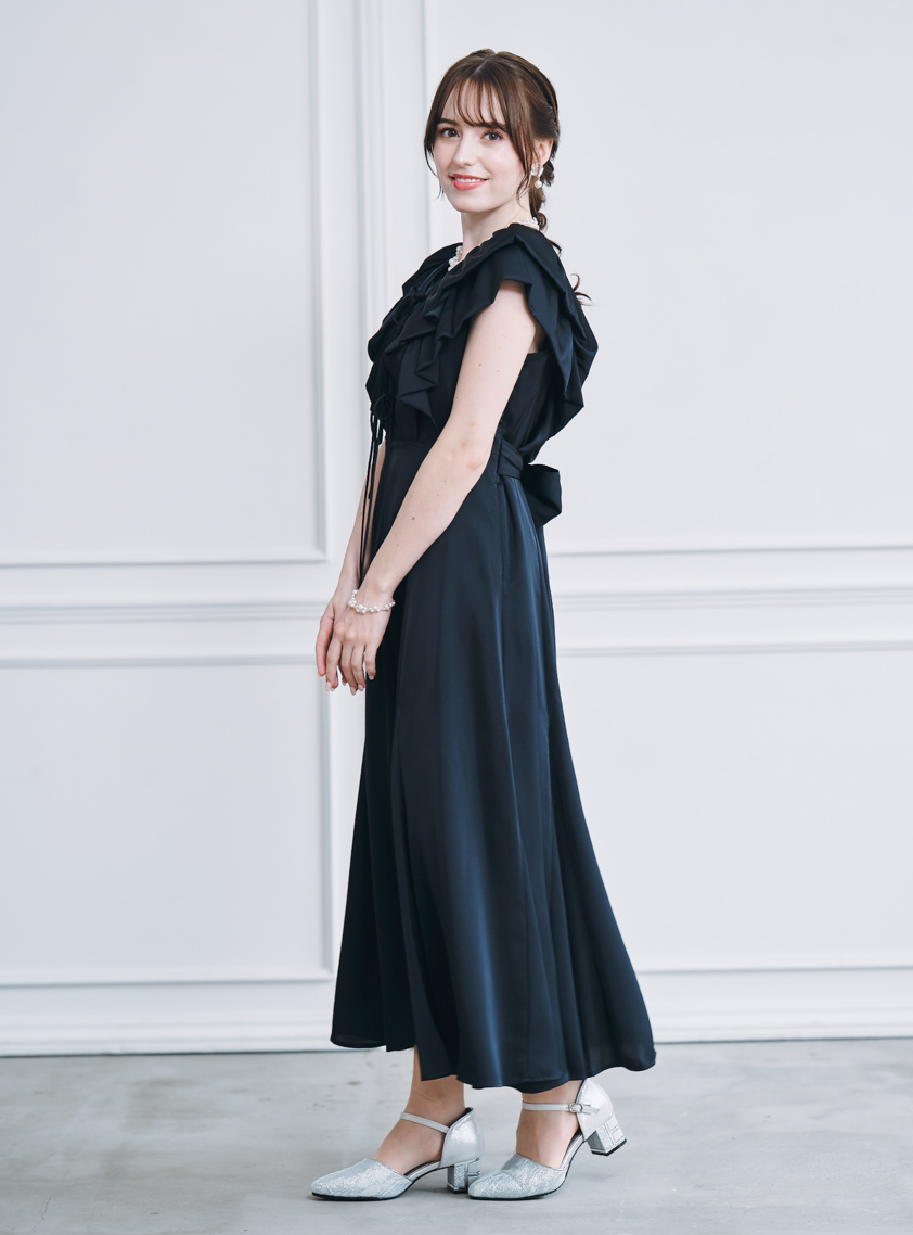 美品✨René basic ルネ フロントフリルリボンワンピース ターコイズ フロントフリルリボンサテンワンピース｜結婚式パーティのレンタル