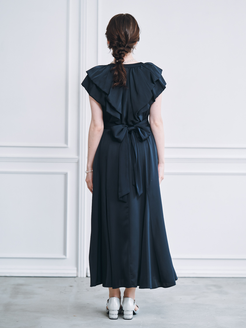 フロントフリルリボンサテンワンピース｜結婚式パーティのレンタル