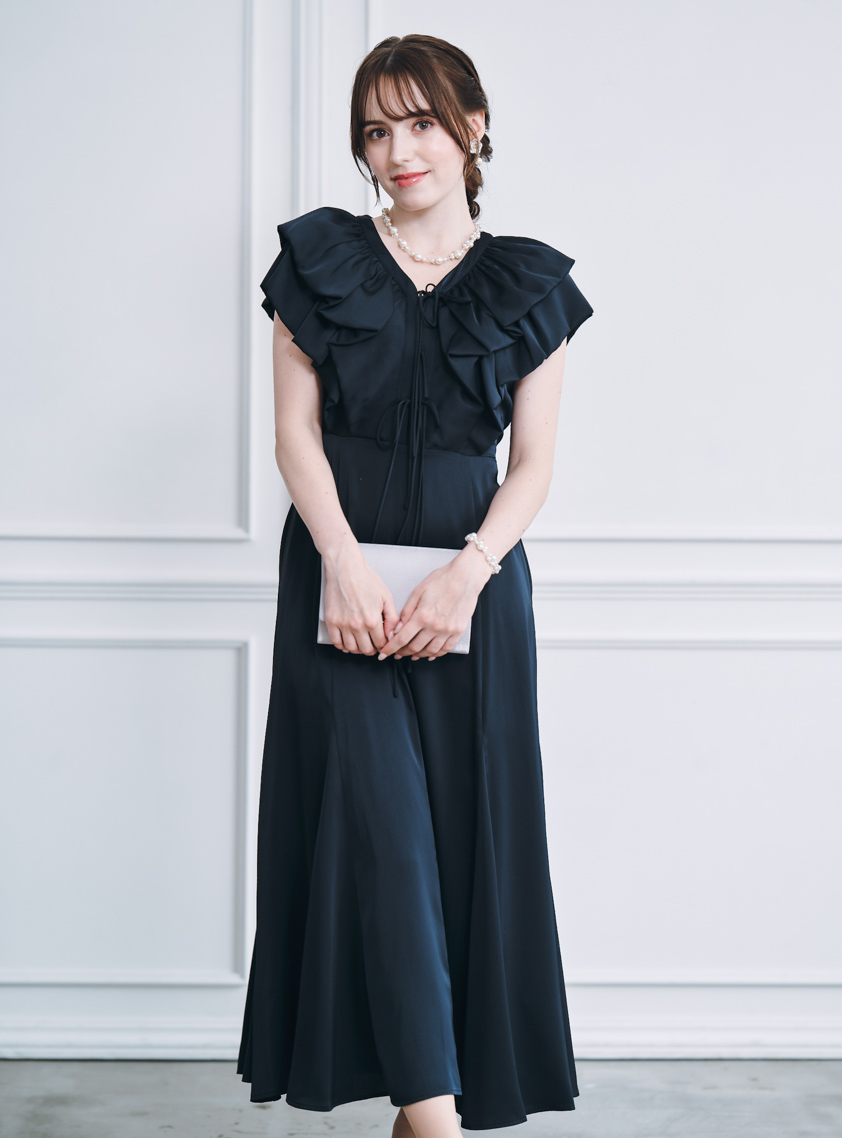 フロントフリルリボンサテンワンピース｜結婚式パーティのレンタル