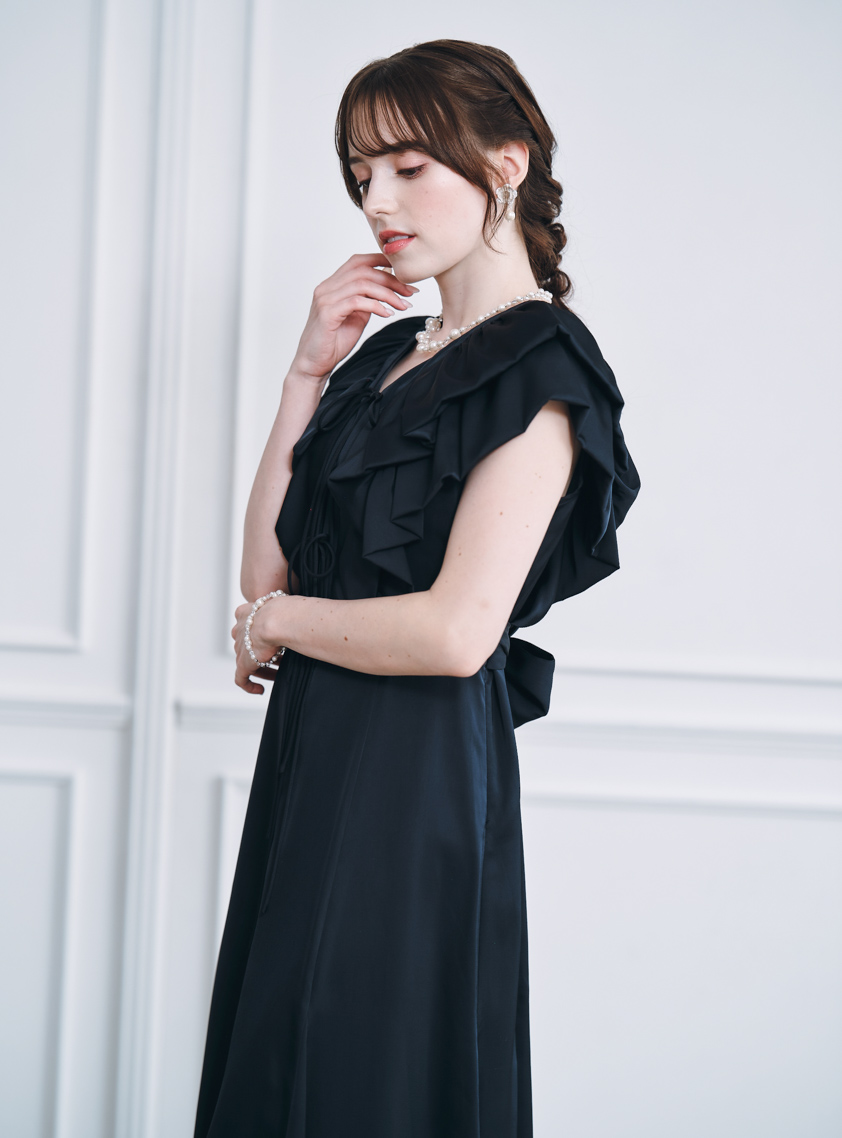 フロントフリルリボンサテンワンピース｜結婚式パーティのレンタル