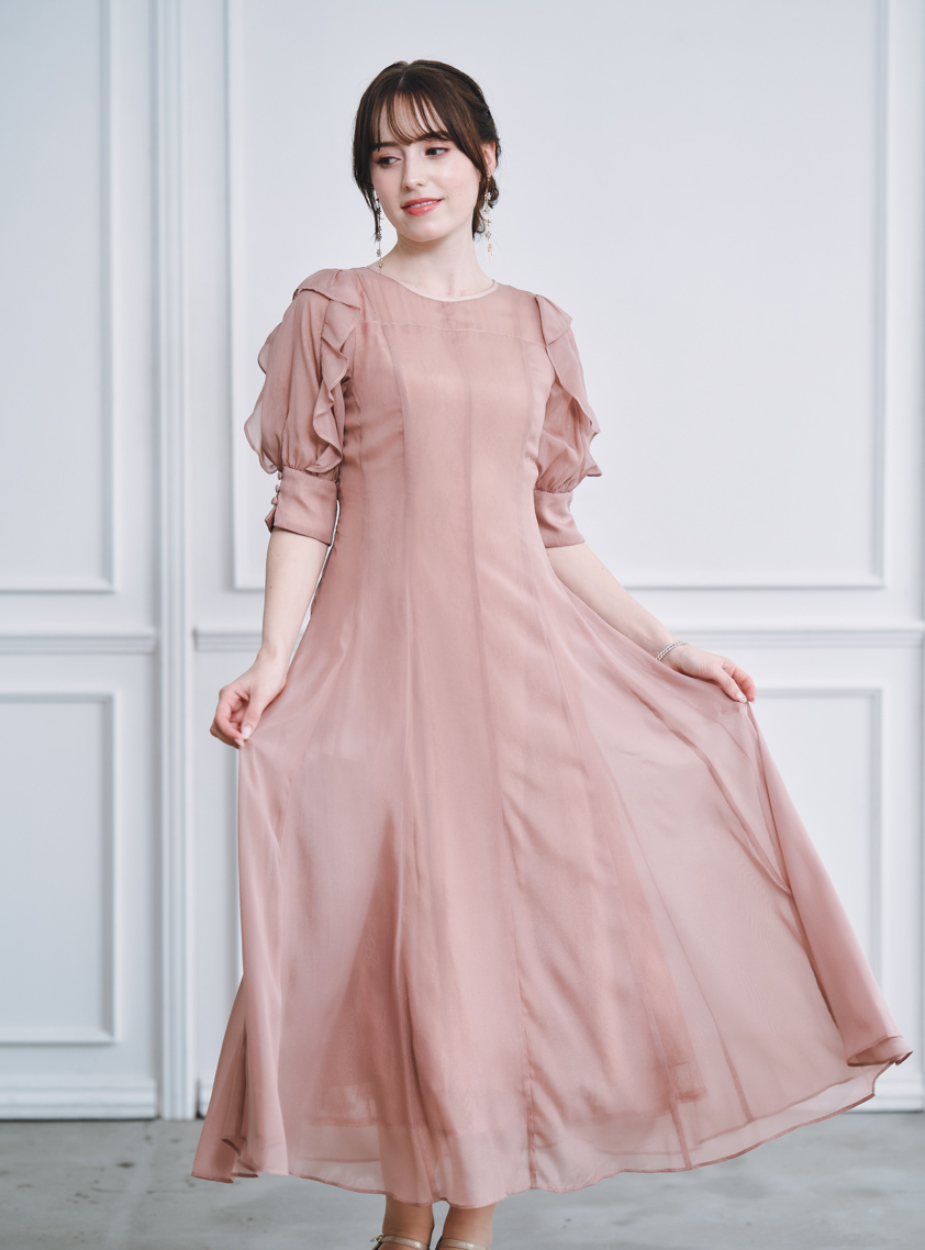 シアーレース袖フリルフレアワンピース｜結婚式パーティのレンタル