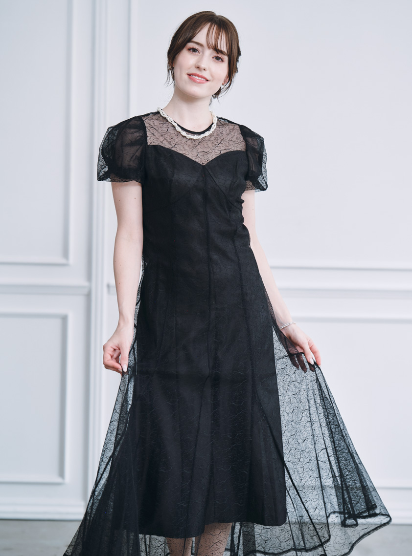 パフスリーブ切替レースワンピース｜結婚式パーティのレンタルドレス