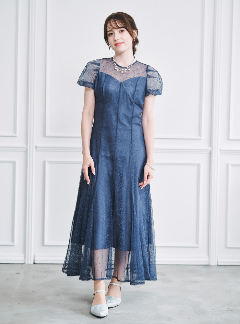 パフスリーブ切替レースワンピース｜結婚式パーティのレンタルドレス