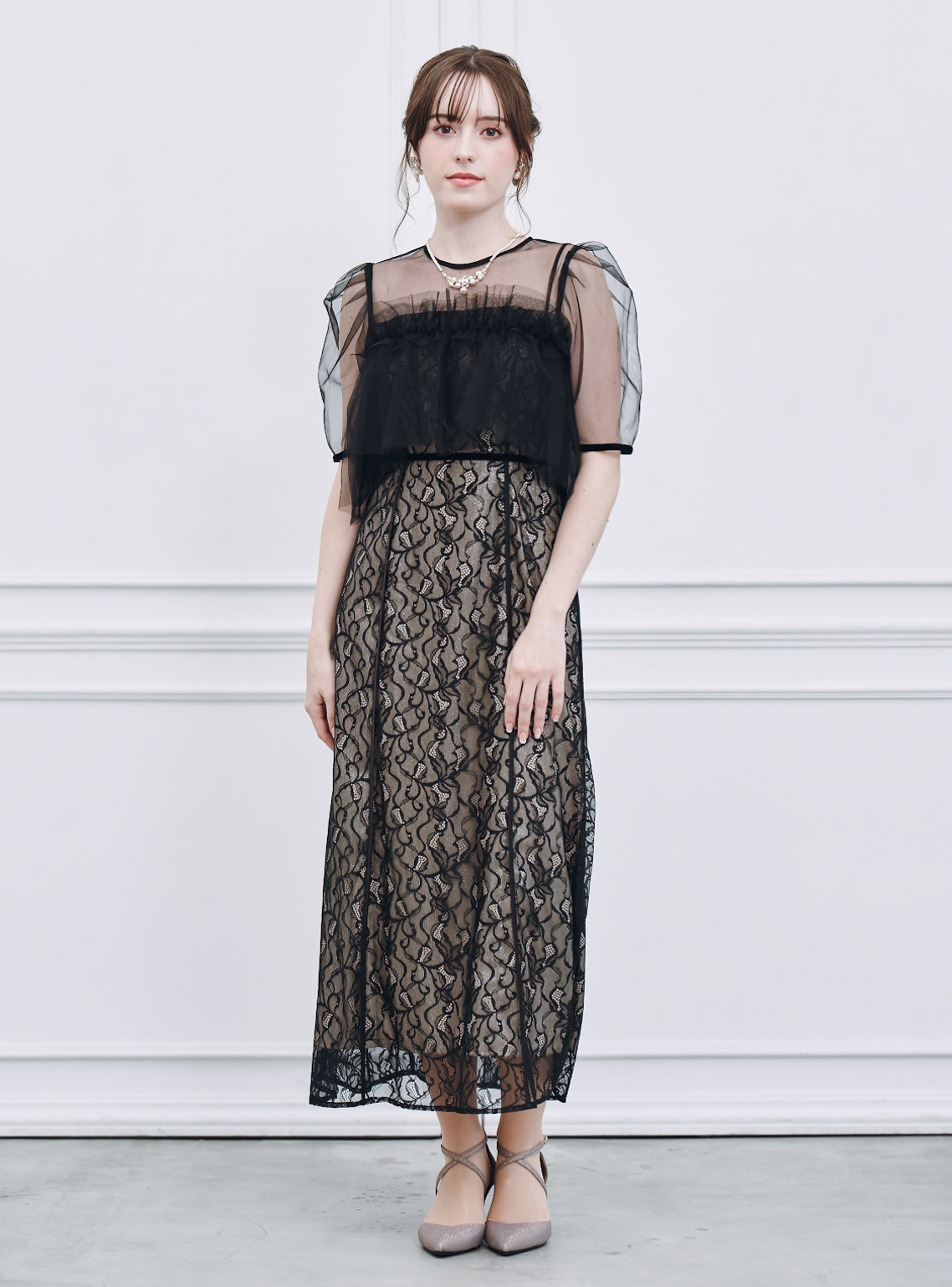 FRAY I.D】シルバーリーフレースレイヤードワンピース｜結婚式パーティ