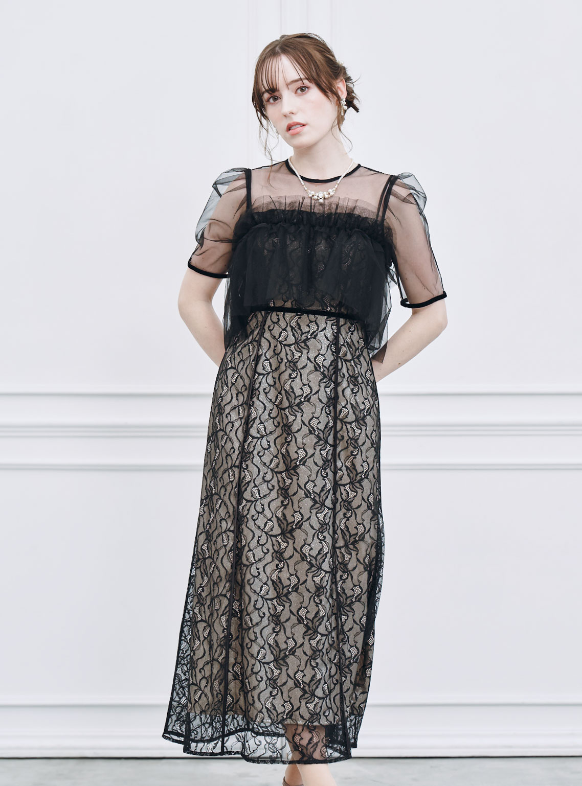 FRAY I.D】シルバーリーフレースレイヤードワンピース｜結婚式パーティ