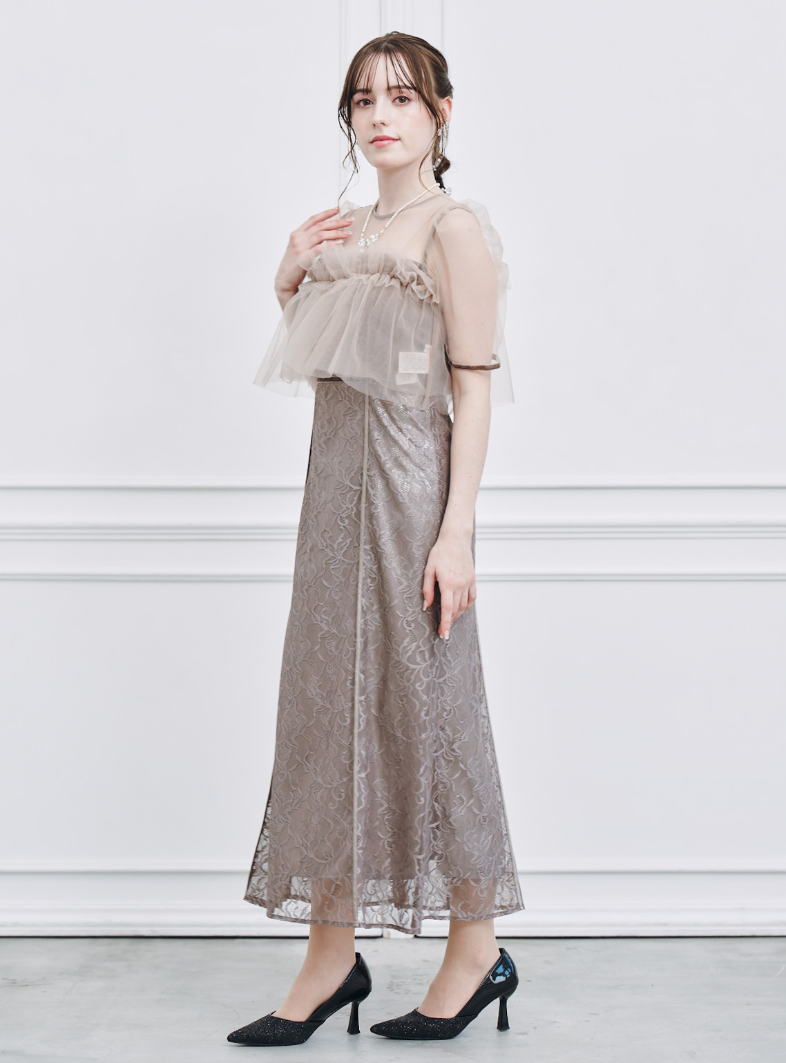 FRAY I.D】シルバーリーフレースレイヤードワンピース｜結婚式パーティ