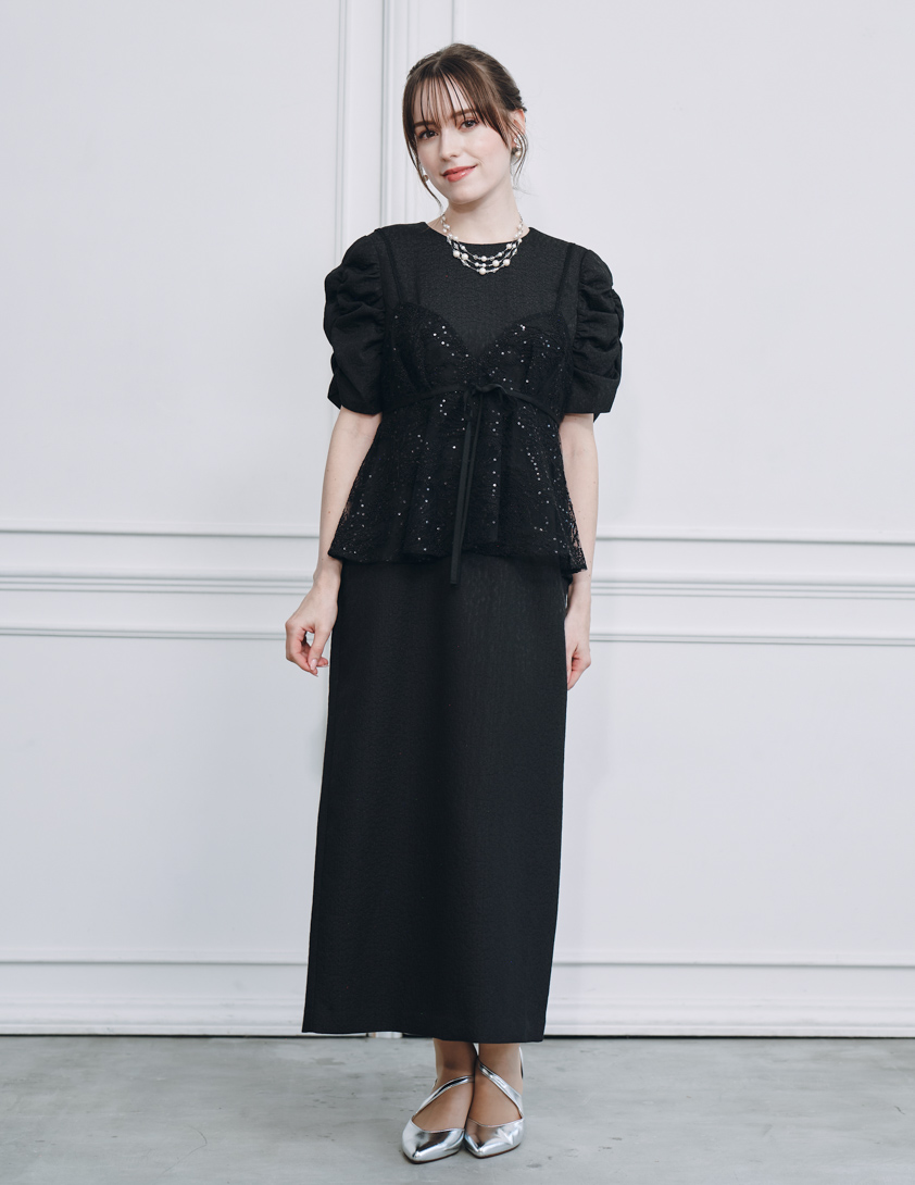 kaene】スパンコールレースビスチェギャザースリーブワンピース｜結婚