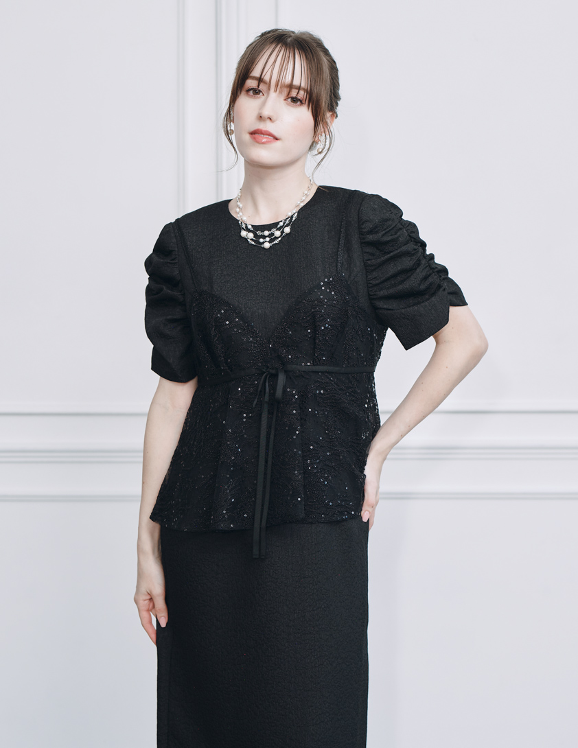 kaene】スパンコールレースビスチェギャザースリーブワンピース｜結婚