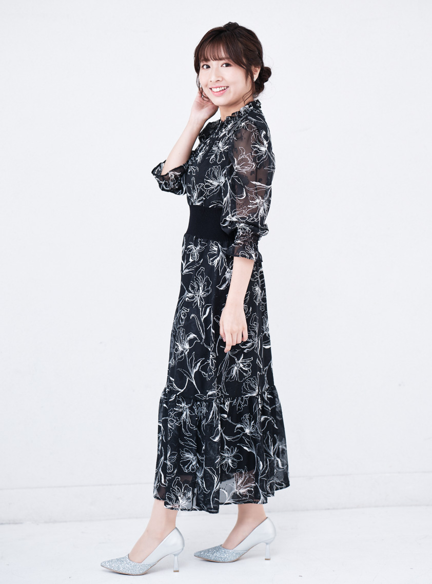 長袖花柄シフォンフリルワンピース｜結婚式パーティのレンタルドレス