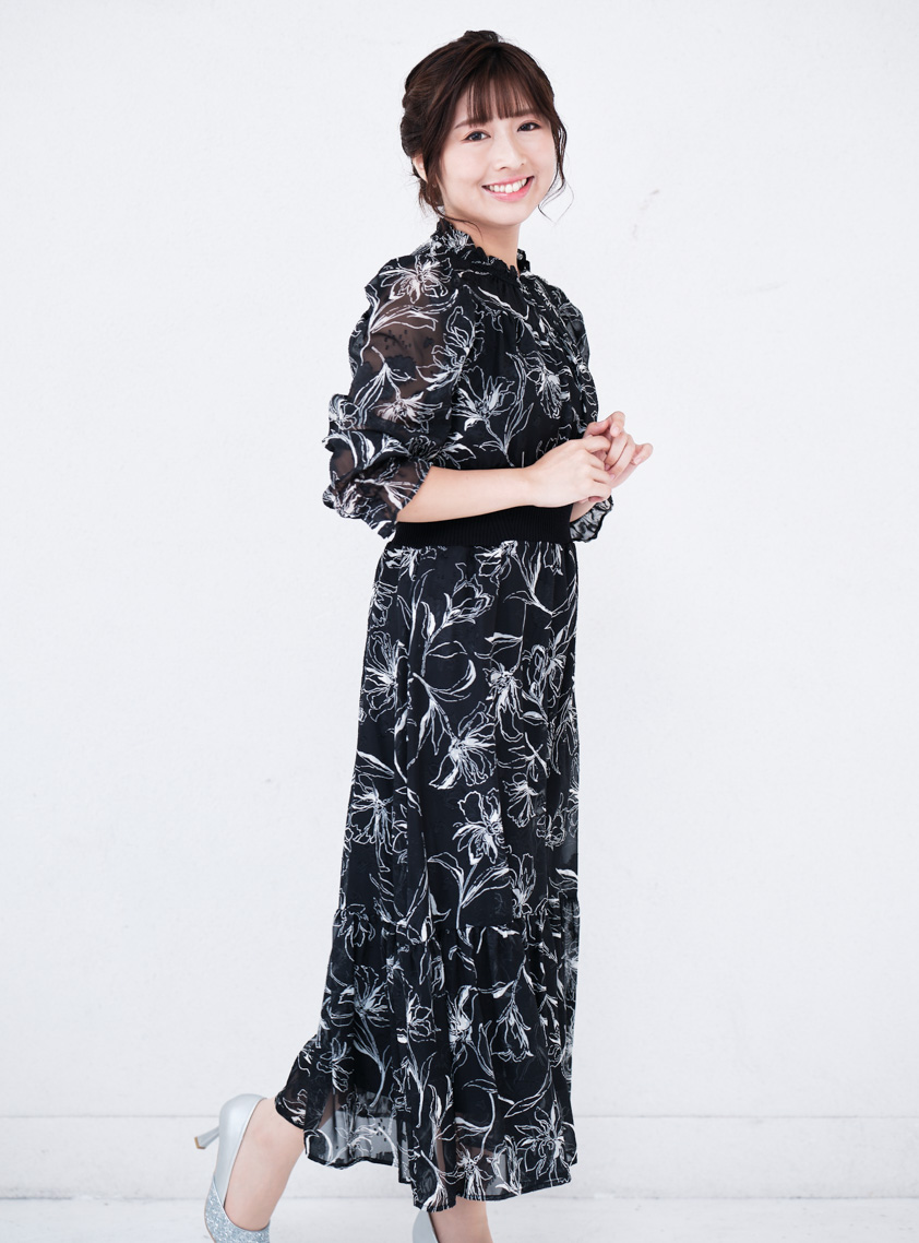 長袖花柄シフォンフリルワンピース｜結婚式パーティのレンタルドレス