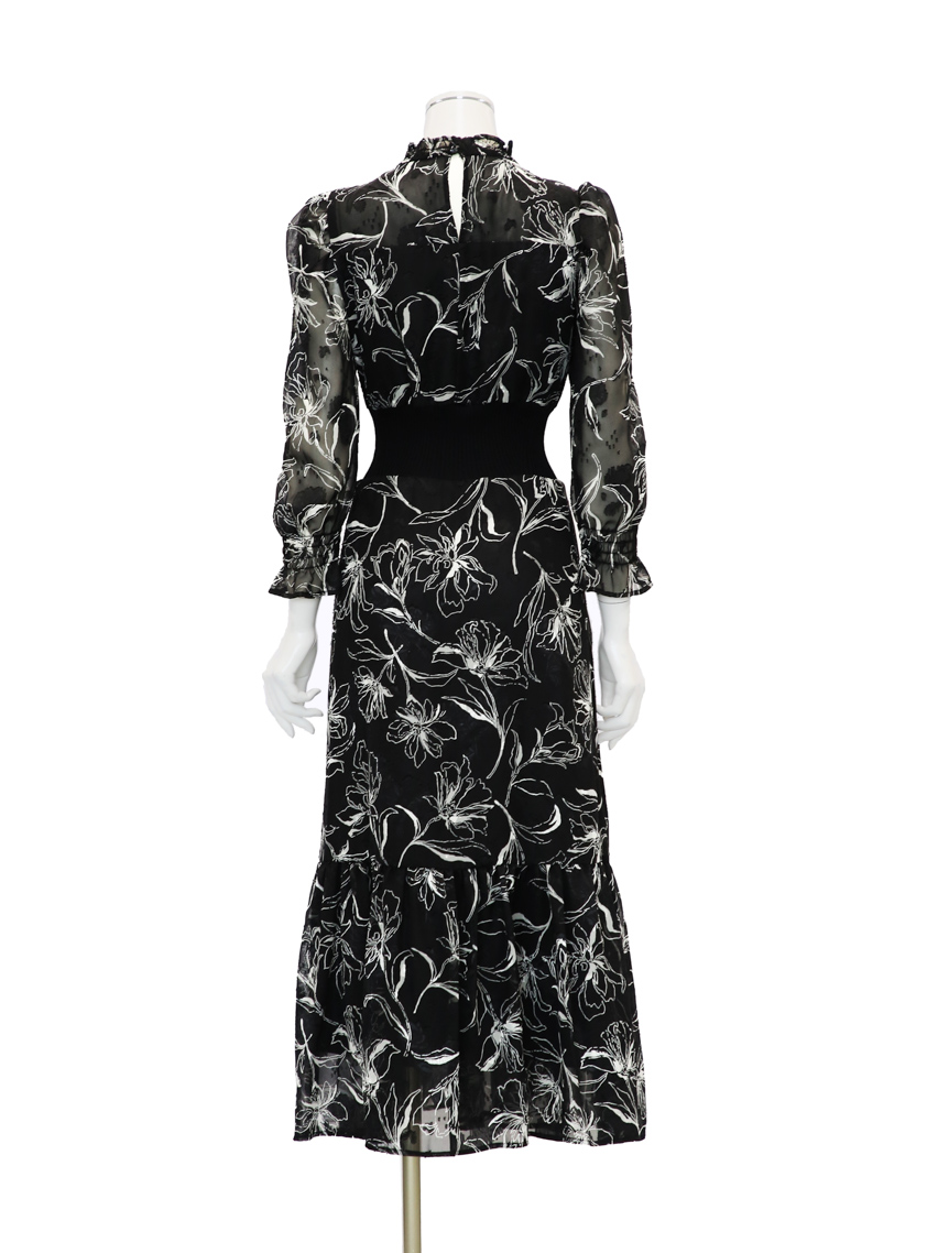 長袖花柄シフォンフリルワンピース｜結婚式パーティのレンタル