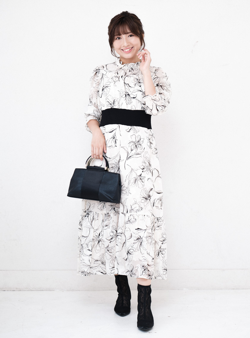 シフォンフリル長袖ワンピースパーティードレス 長袖花柄シフォンフリルワンピース｜結婚式パーティのレンタル