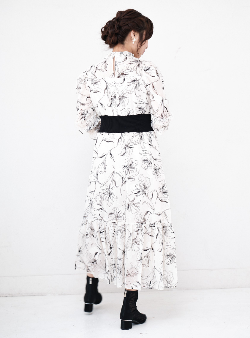 DVF Fleurette プリント シフォン パーティーワンピース 送関込 長袖花柄シフォンフリルワンピース｜結婚式パーティのレンタル