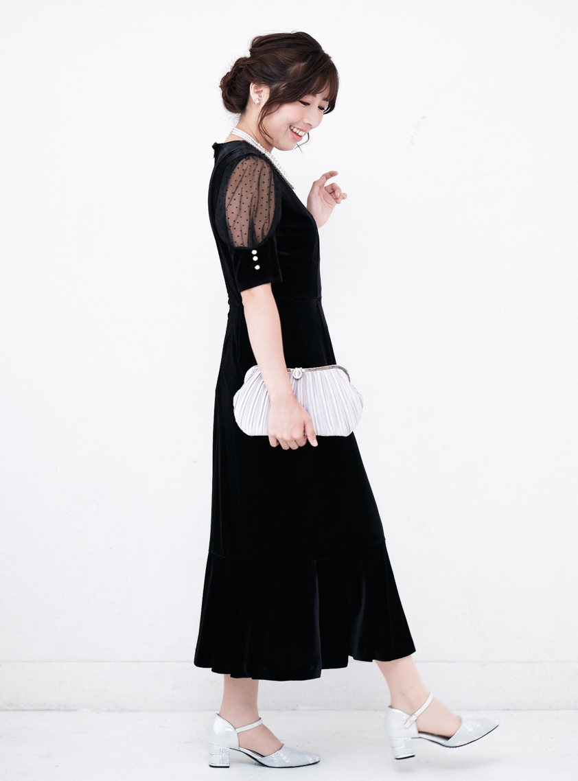 ドットスリーブベロアマーメイドワンピース｜結婚式パーティのレンタル