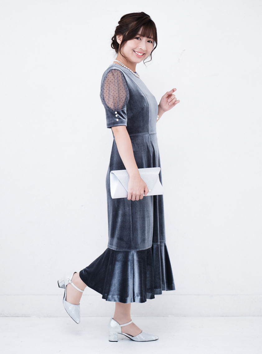 ドットスリーブベロアマーメイドワンピース｜結婚式パーティの