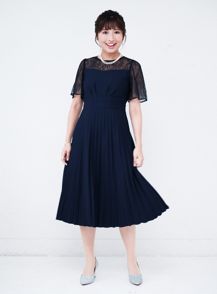 yh　Lunnamiu ウエスト切替プリーツワンピース 袖あり異素材ウエスト切替プリーツワンピース｜結婚式パーティの