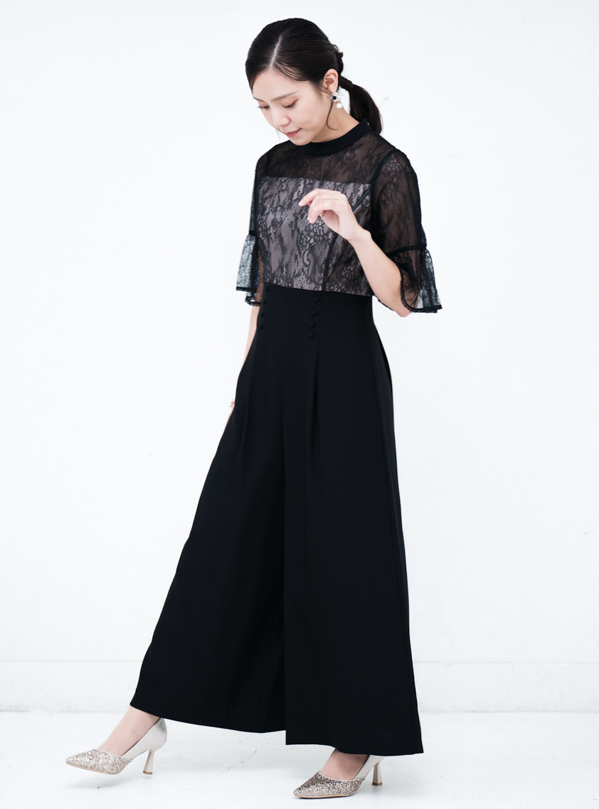 【オケージョン】【結婚式】【パーティ】シースルー フリル オールインワン フリル袖ウエスト切替オールインワン｜結婚式パーティのレンタルドレス