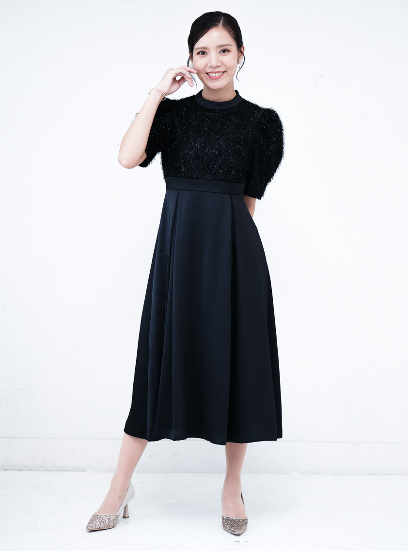 ラメシャギーウエスト切替サテンワンピース｜結婚式パーティのレンタル