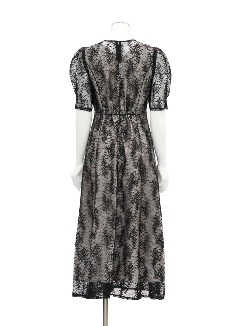 スパンコール入りリーフ柄刺繍レースワンピース｜結婚式パーティの