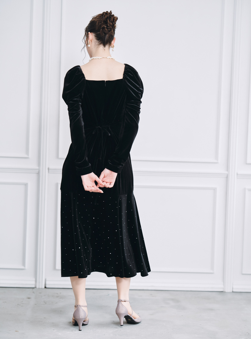 ストーン付プリンセスラインベロアワンピース｜結婚式パーティの