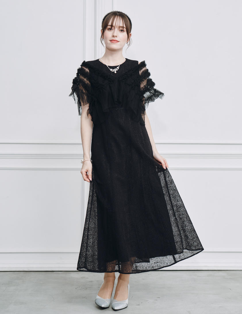 チュールボレロ付きモザイクレースワンピース｜結婚式パーティの