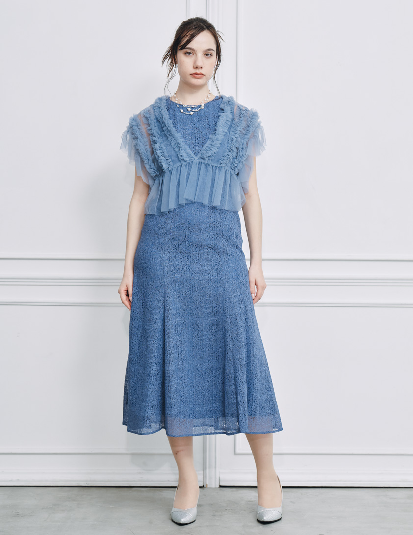 チュールボレロ付きモザイクレースワンピース｜結婚式パーティの