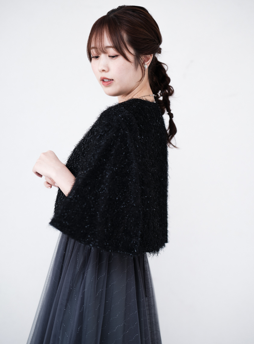 7.9万✨未使用 hLM リーフカットジャガードジレ 24年STORY 黒 38 ラメカットジャガードフレアケープ｜結婚式パーティのレンタルドレス