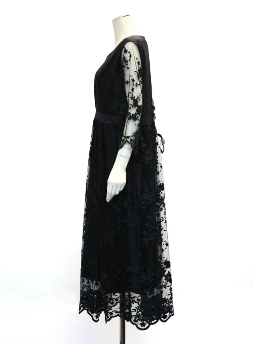 5分袖チュール花柄刺繍サテンワンピース｜結婚式パーティの