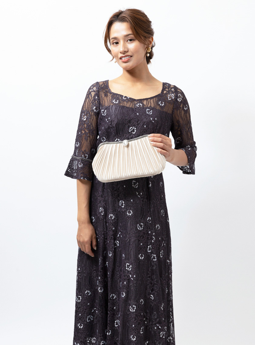 花柄レースデコルテスクエアワンピース｜結婚式パーティの